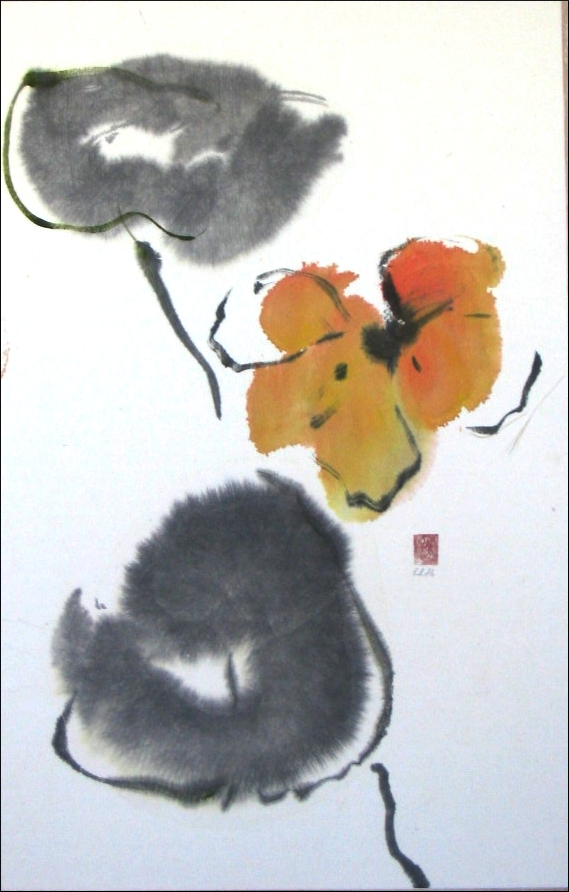 Image of orange flower Sumi-e painting, Sumi-e as a way of balance and the game of life.